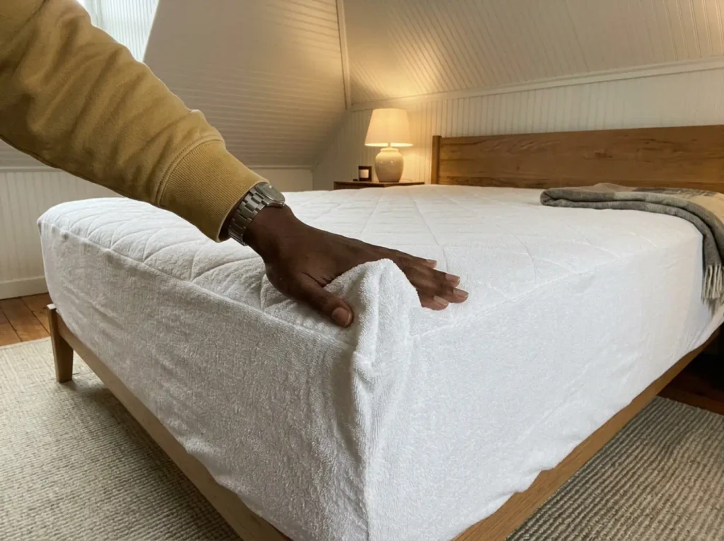 A hand pressing a loose bunched fold of mattress protector flat against the corner of a mattress and topper