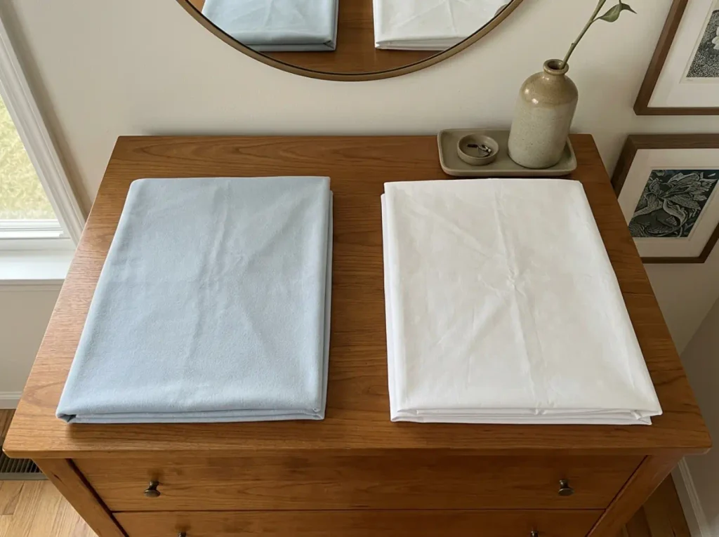 Two folded sheets side by side, brushed performance fabric next to white cotton percale