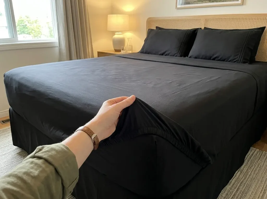 A microfiber fitted sheet corner pulled over a tall mattress, the brushed surface catching afternoon light