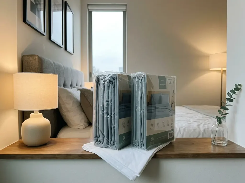Two packaged microfiber sheet sets on a shelf beside a lit lamp, printed panels facing out