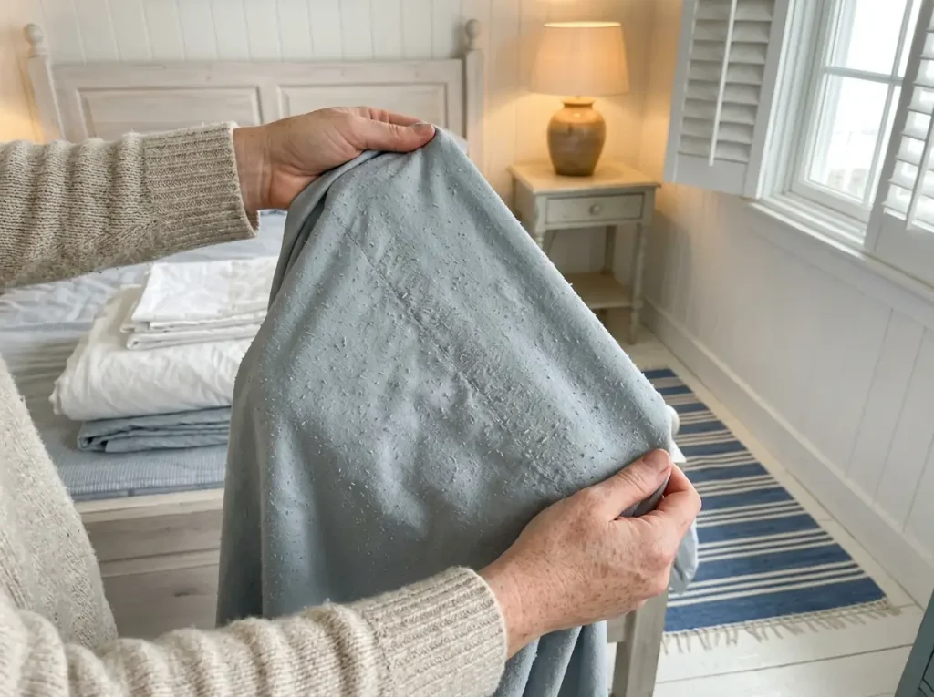 Hands holding a well-washed microfiber sheet to the light showing small pills across the surface