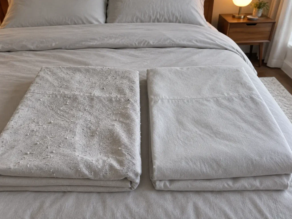 A finished microfiber sheet beside a sound one, folded side by side to compare fuzz against thinning