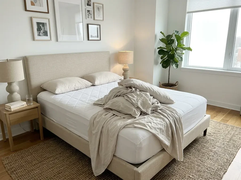 A microfiber sheet set stripped off the bed and gathered at the foot ready for a wash without softener