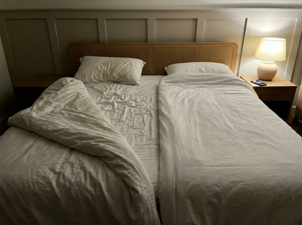 Two separate duvets side by side on one bed at night, one thrown back and one still in place