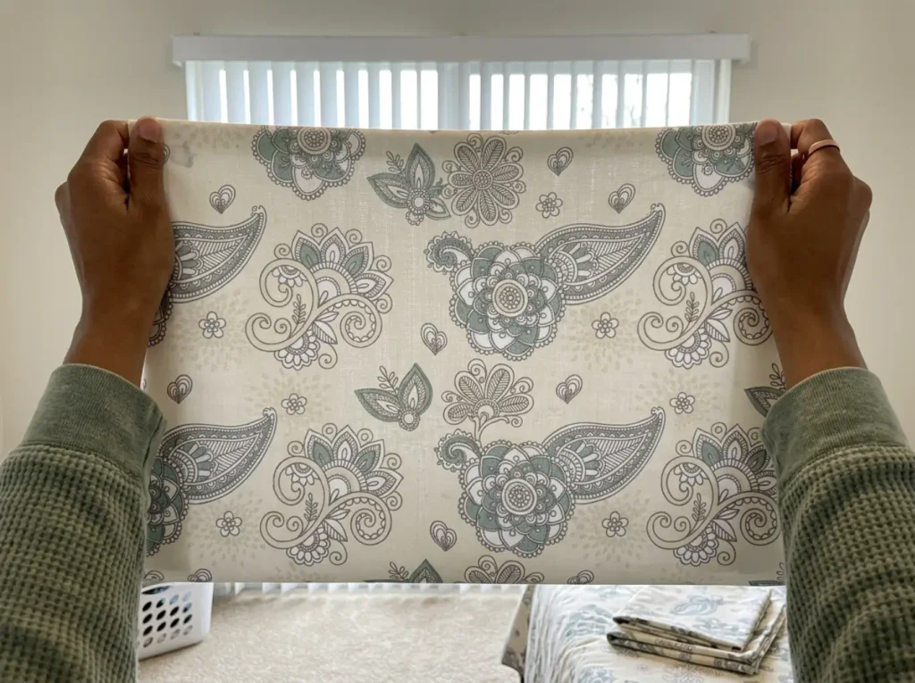 A percale sheet stretched between two hands against a bright window, the weave grid showing through