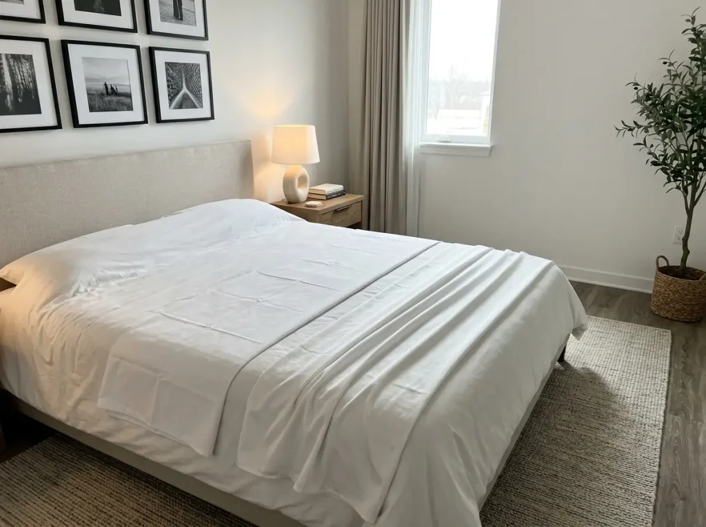 A matte percale and a sateen laid side by side across a bed, the light raking over both