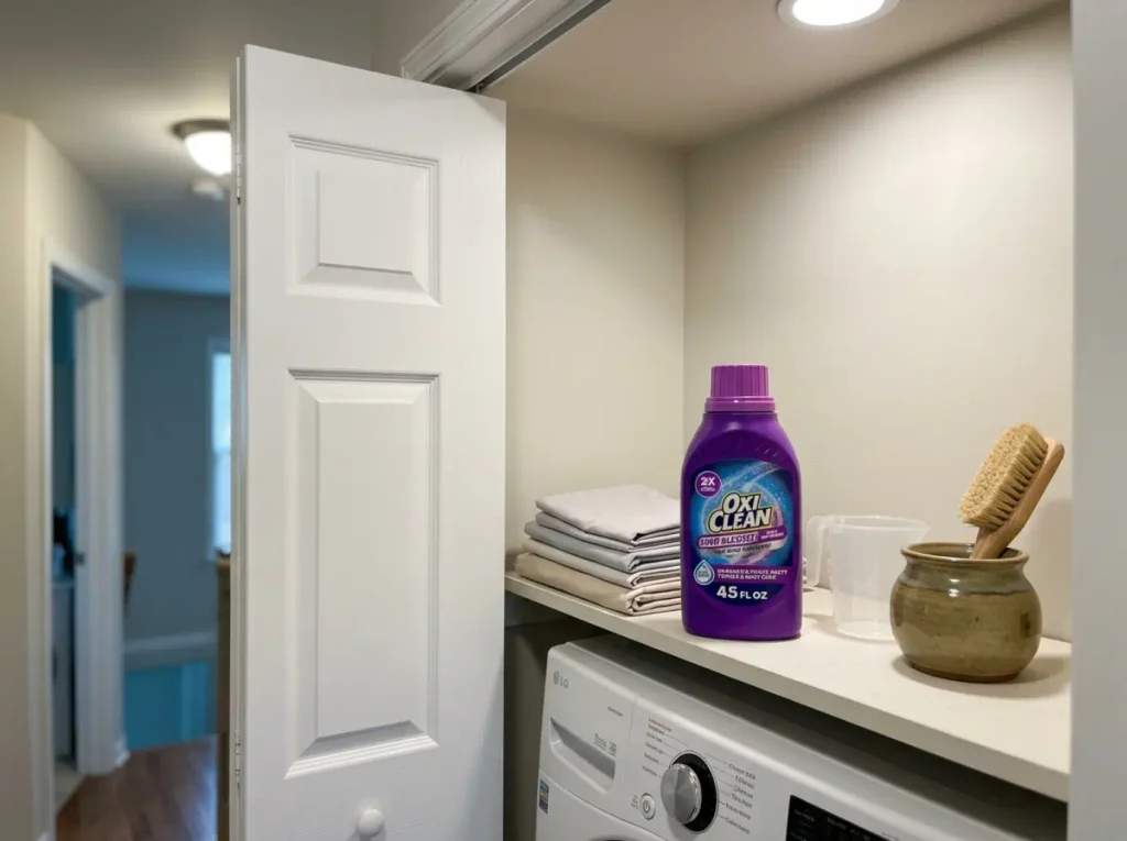 Laundry odor additive on a tidy laundry shelf beside a folded stack of bedding