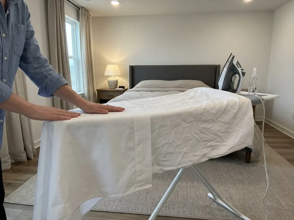 A white percale flat sheet part-pressed on an ironing board, one half crisp and one half soft