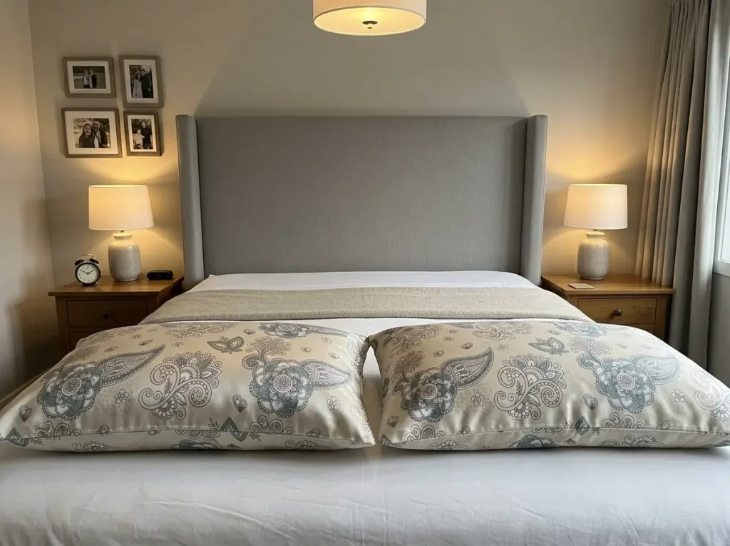 A matte percale pillowcase beside a sateen pillowcase, the sheen difference visible in raking light