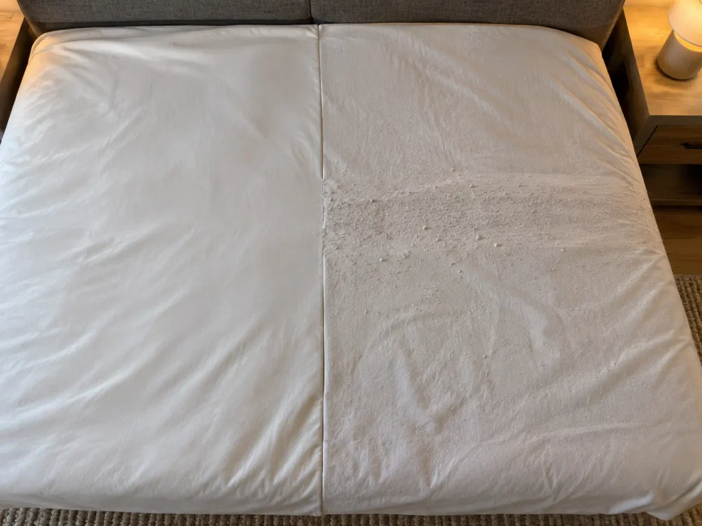 Two sateen sheets laid side by side, one cleared smooth and one pilled again in the same band