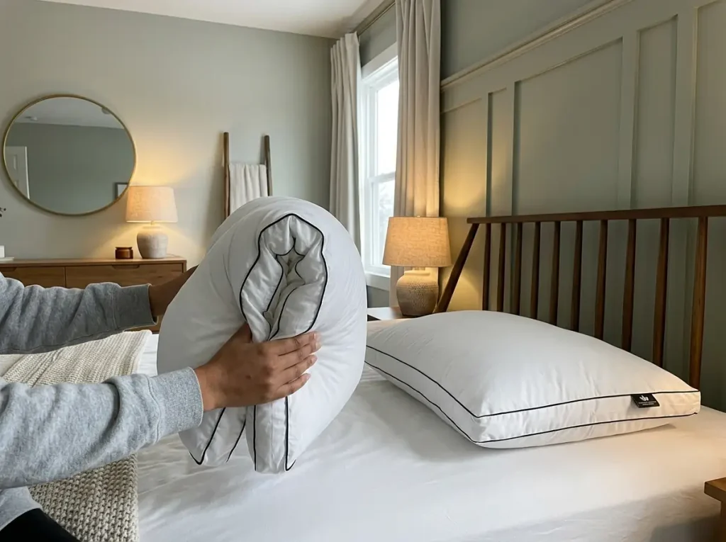 Two hands folding a pillow in half beside its unfolded pair to compare which one springs back