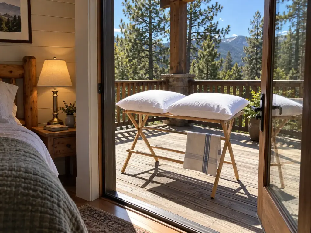 Two rewashed pillows drying white in the sun on a wooden rack outside a cabin bedroom door