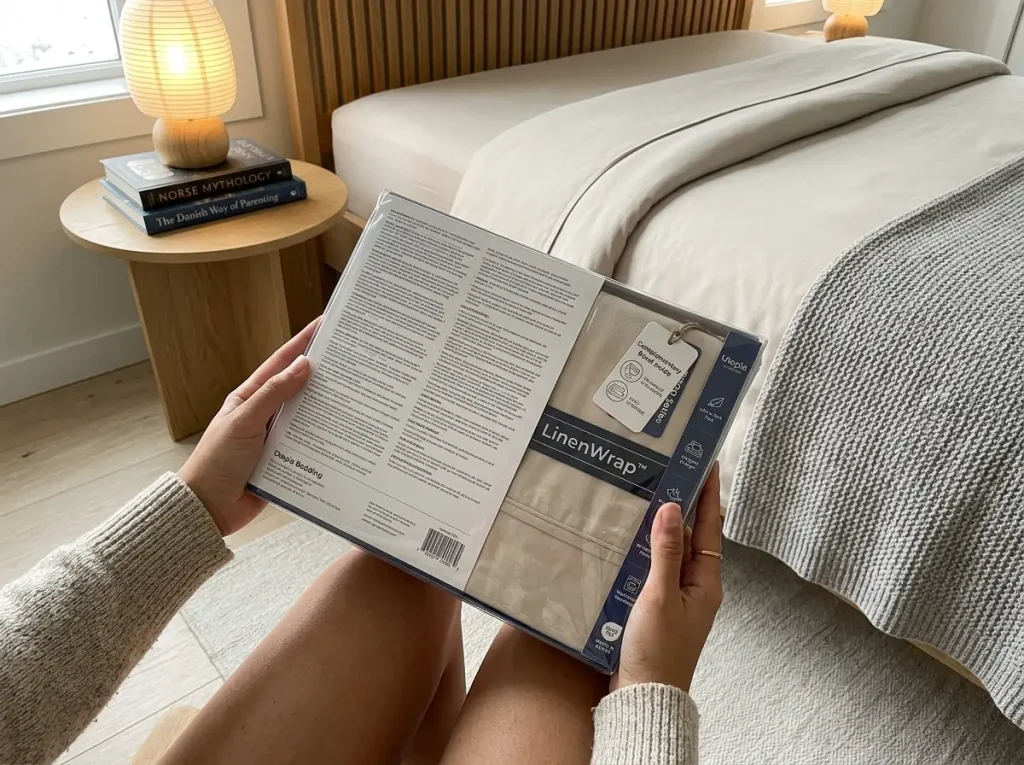 Hands holding a packaged microfiber sheet set, turning it over to read the material description