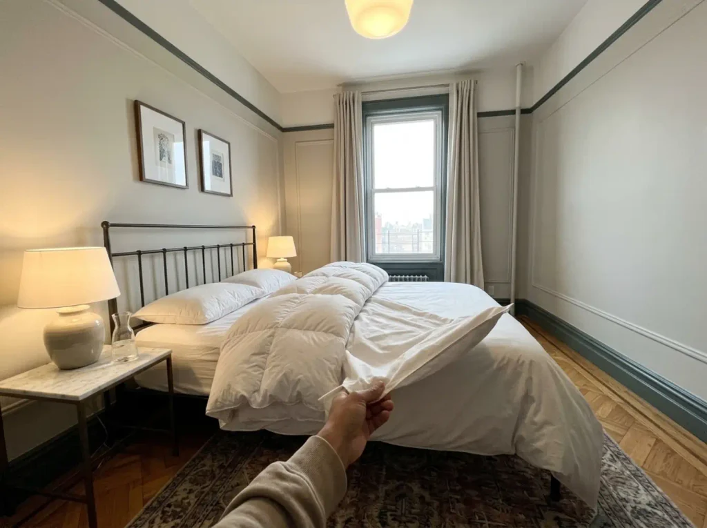 An all-season down alternative insert being shaken down into a percale duvet cover on the bed