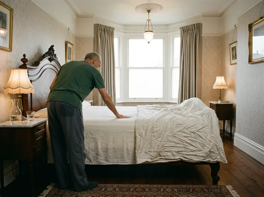 One half of a linen bed pulled smooth and the other half left creased and loose