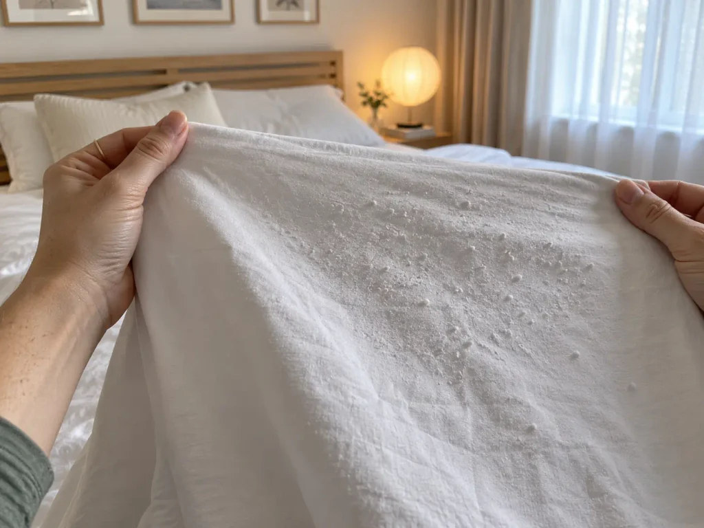Hands tilting a washed cotton sheet flat to the light so raised pills show along the surface