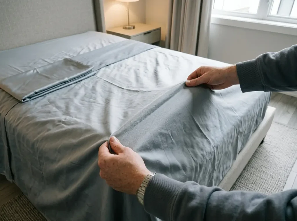 A season-old silk sheet drawn taut along its fold line, raking light showing where pilling has started