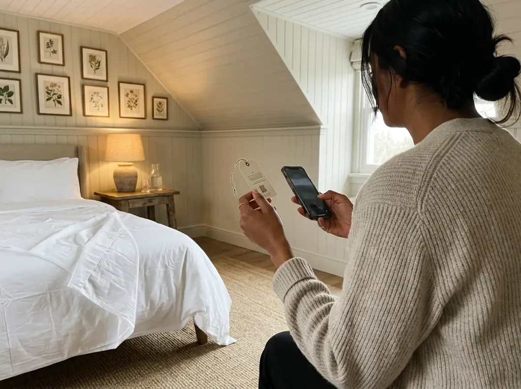 Hands holding a bedding hangtag beside a phone while checking a certificate number