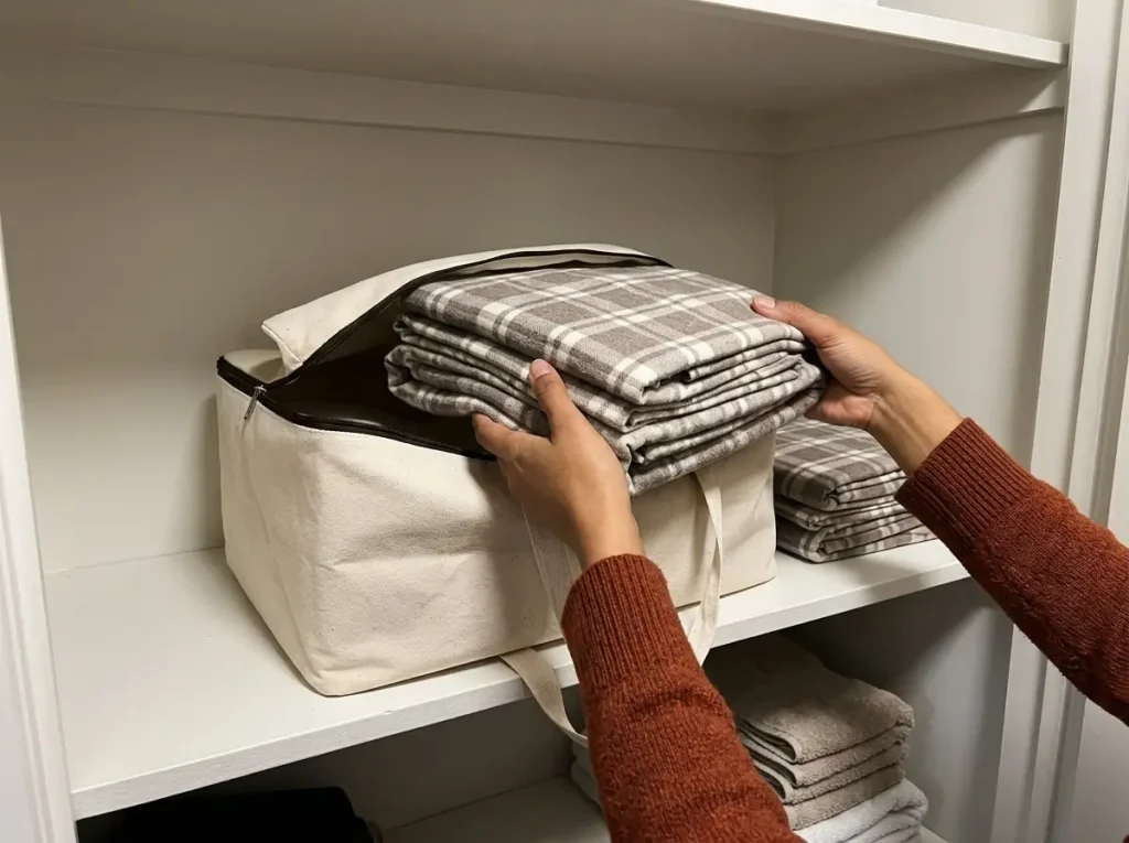 A folded flannel set going into a breathable cotton canvas storage bag on a closet shelf