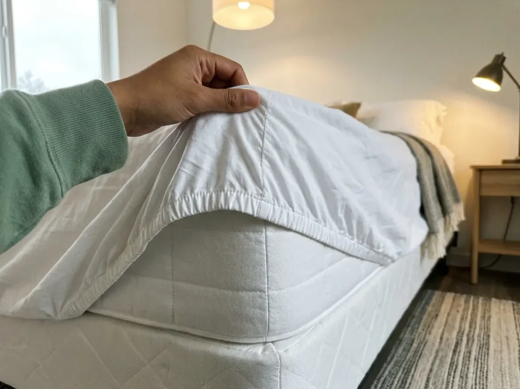 Slack elastic hem of a fitted sheet lifted away from the mattress corner