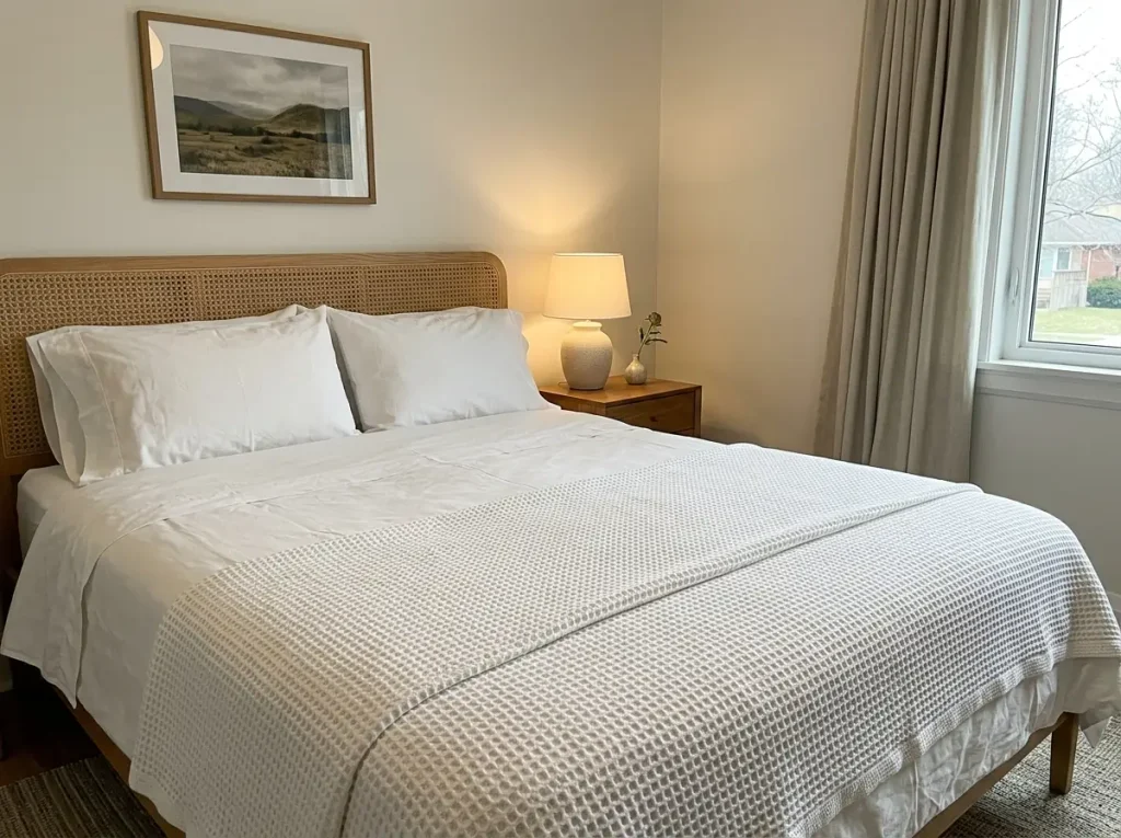 A cotton honeycomb thermal blanket spread across the foot of a summer bed