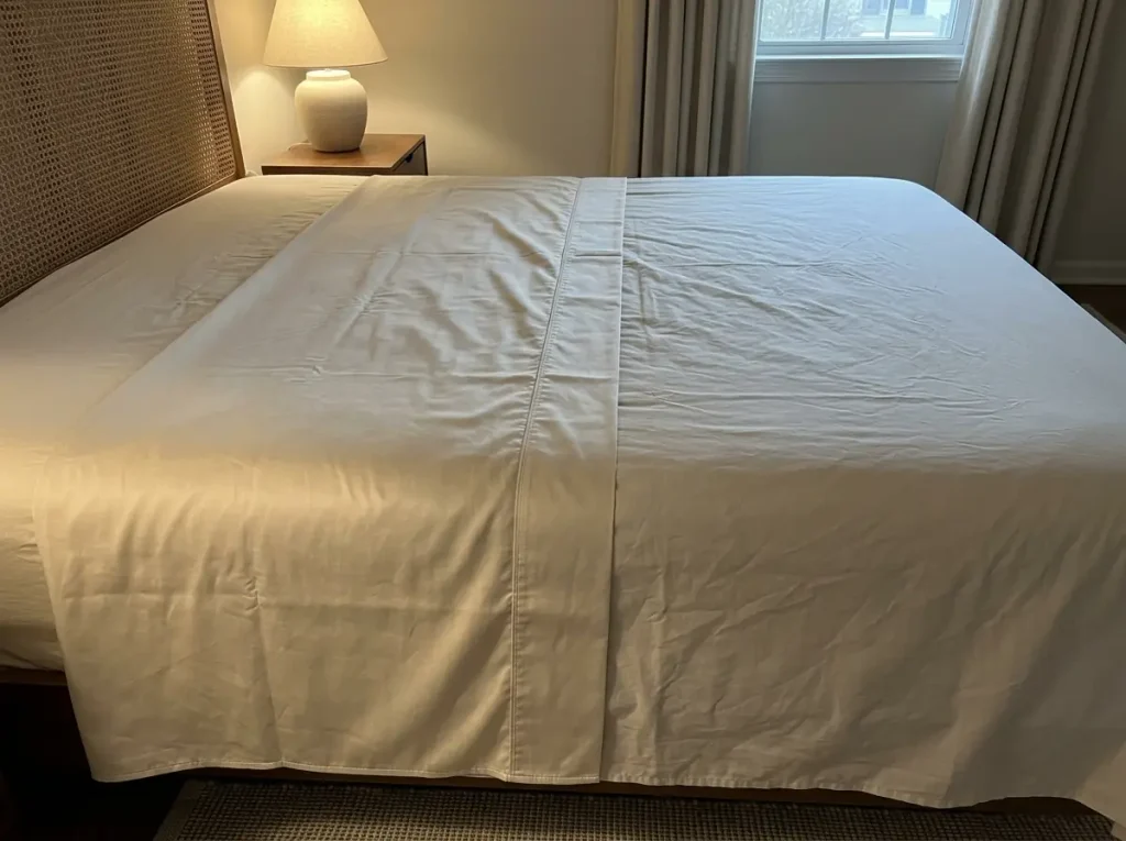 A sateen and a percale cotton sheet laid edge to edge on a bed, one with a sheen and one matte