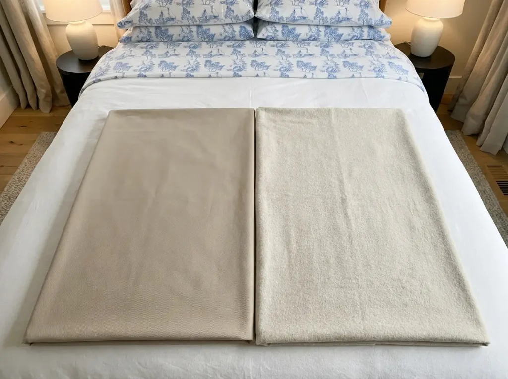 A twill sheet and a brushed cotton flannel sheet folded side by side, diagonal grain against nap