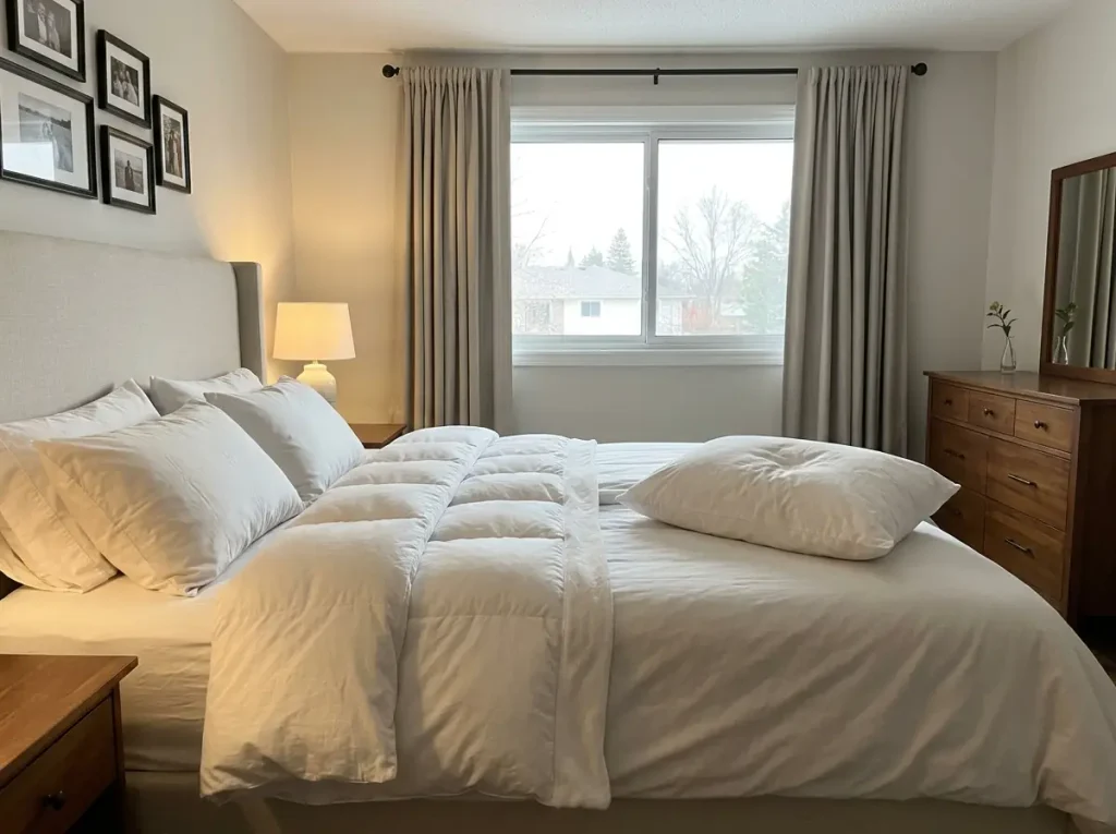 Two separate duvets laid side by side on one queen bed, overlapping slightly down the middle