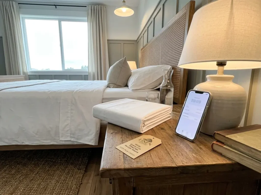 A percale sheet set and its hangtag on a nightstand beside a phone propped against a lamp
