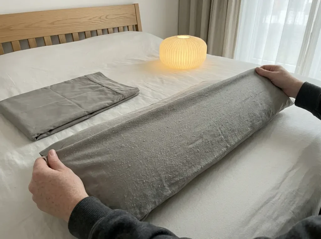 Season-old pillowcase pulled taut under raking lamp light beside a newer folded one, weave clearly visible