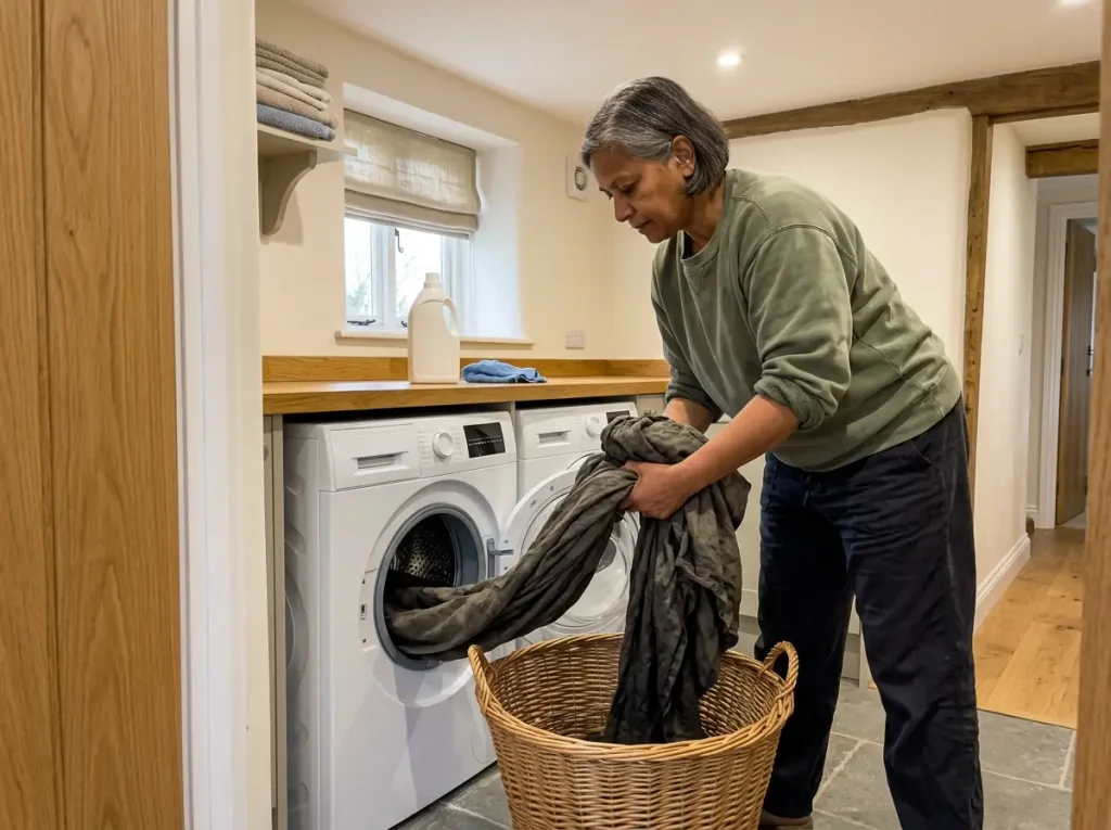 A woman lifting damp linen sheets from a washing machine into a basket in a bright utility room