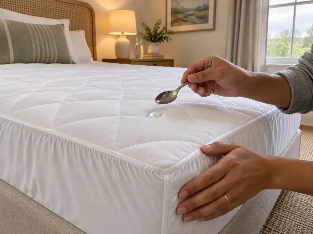 A spoonful of water beading on the surface of a waterproof mattress protector at the corner of a bed