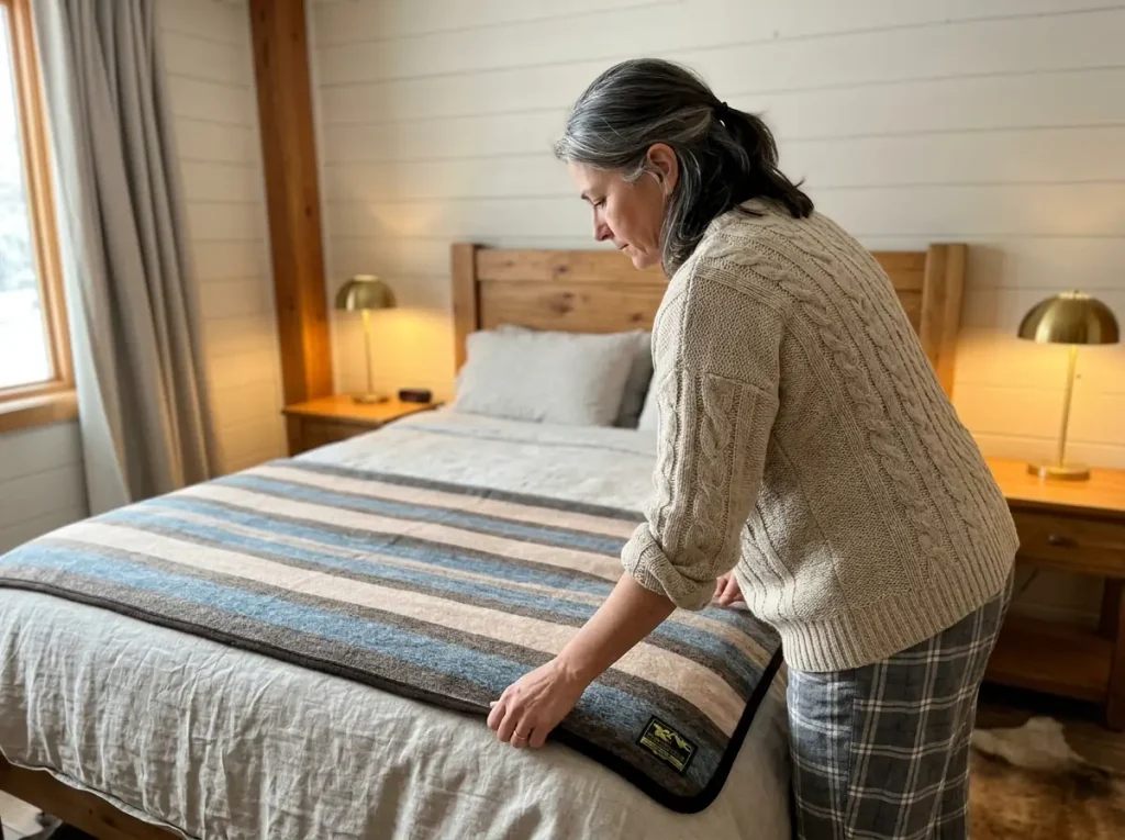 A wool blanket layered over the linen on one side of a shared bed and not the other