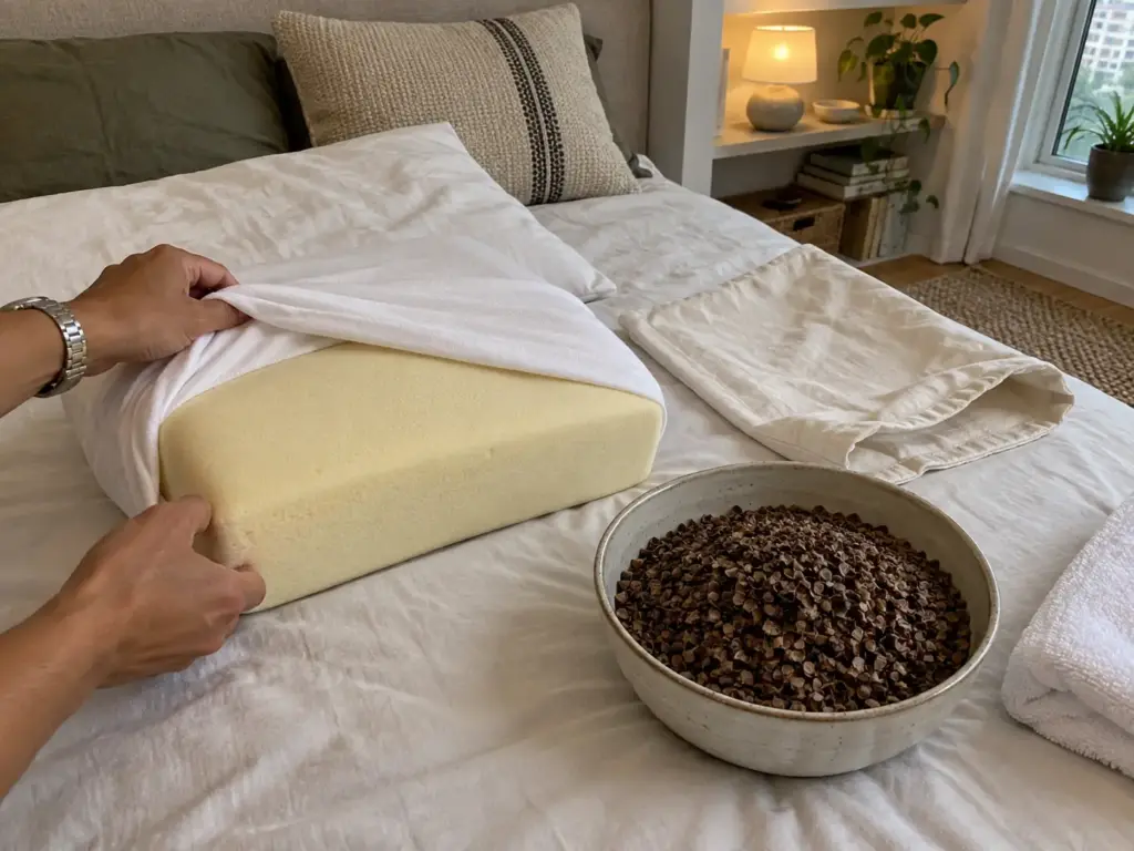Hands peeling the washable cover off a yellowed memory foam pillow next to a bowl of emptied buckwheat hulls