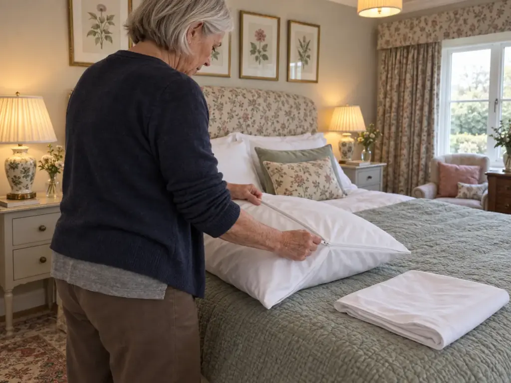 A woman in her sixties zipping a white cotton protector closed over a pillow beside a made bed