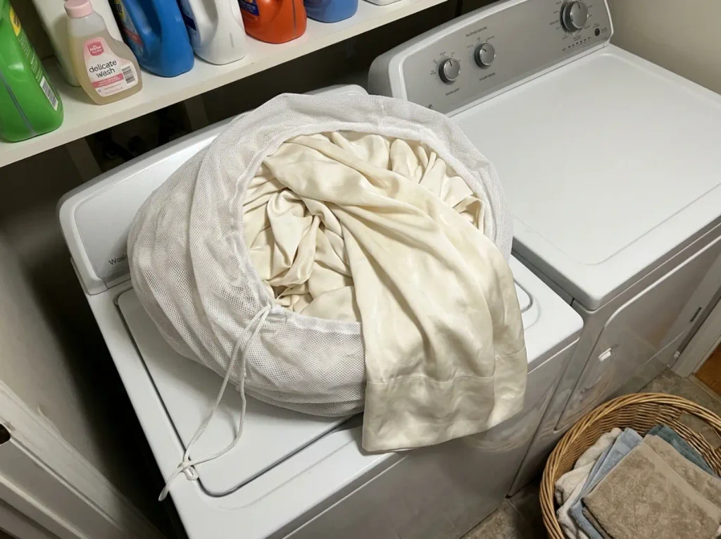 An ivory silk sheet in an open mesh laundry bag on a washer lid, its sheen dulled after washes