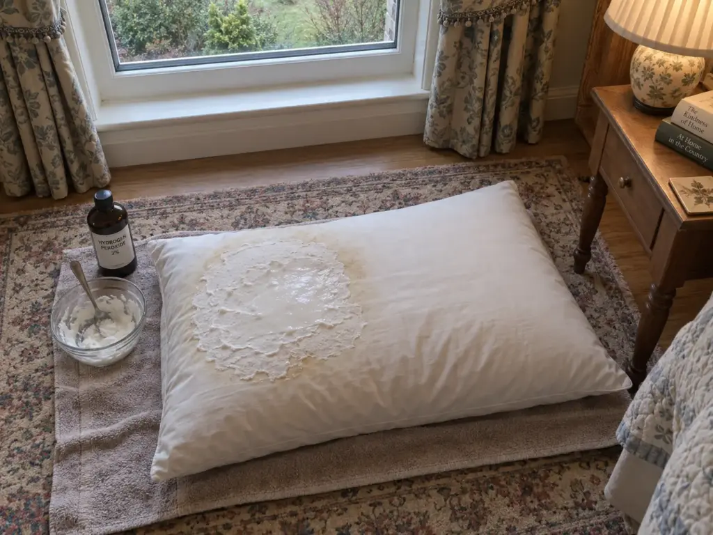 A pillow on a towel by a bright window with white paste spread over the yellowed area on one side