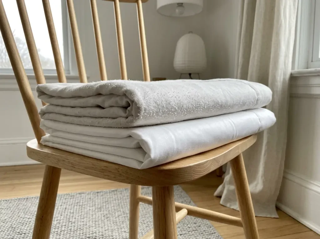 A much-washed bamboo sheet folded beside a newer one, showing pilling along the worn edge