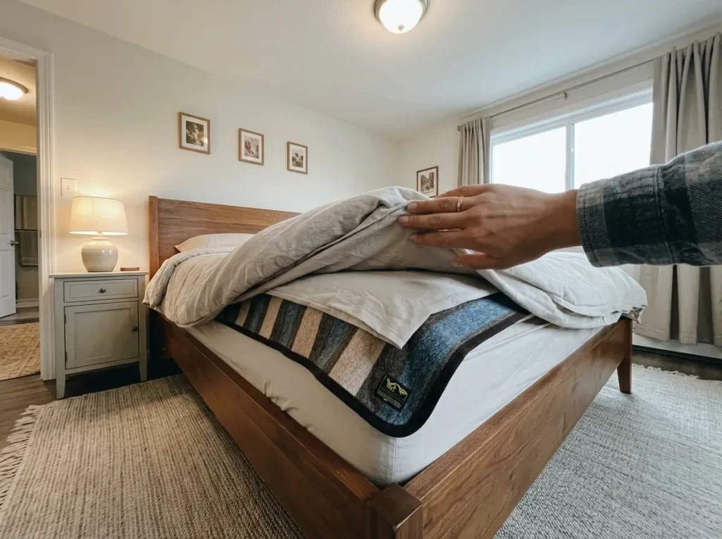 Corner of a bed turned back in a staircase showing topper, sheet, wool blanket and duvet layers