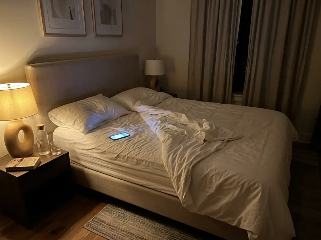 The slept-in half of a bed at three in the morning, sheet pushed back, lit only by the bedside lamp