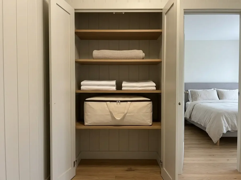 A linen cupboard with two folded sheet sets stacked and a comforter in a breathable cotton storage bag