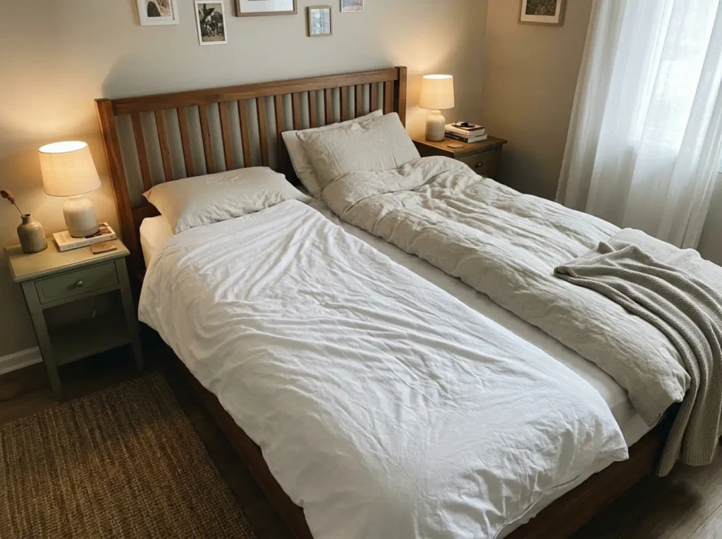 Two separate duvets side by side on one bed with a strip of shared fitted sheet between them