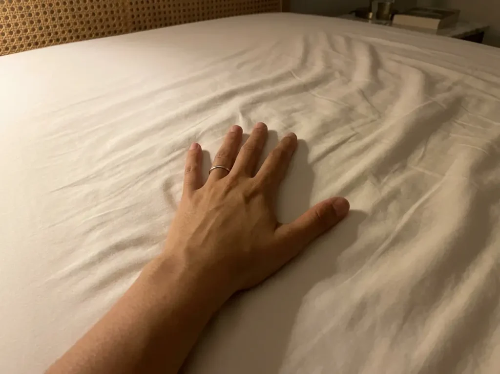 A hand running flat across a slept-on sheet at night, checking the surface by touch under a lamp