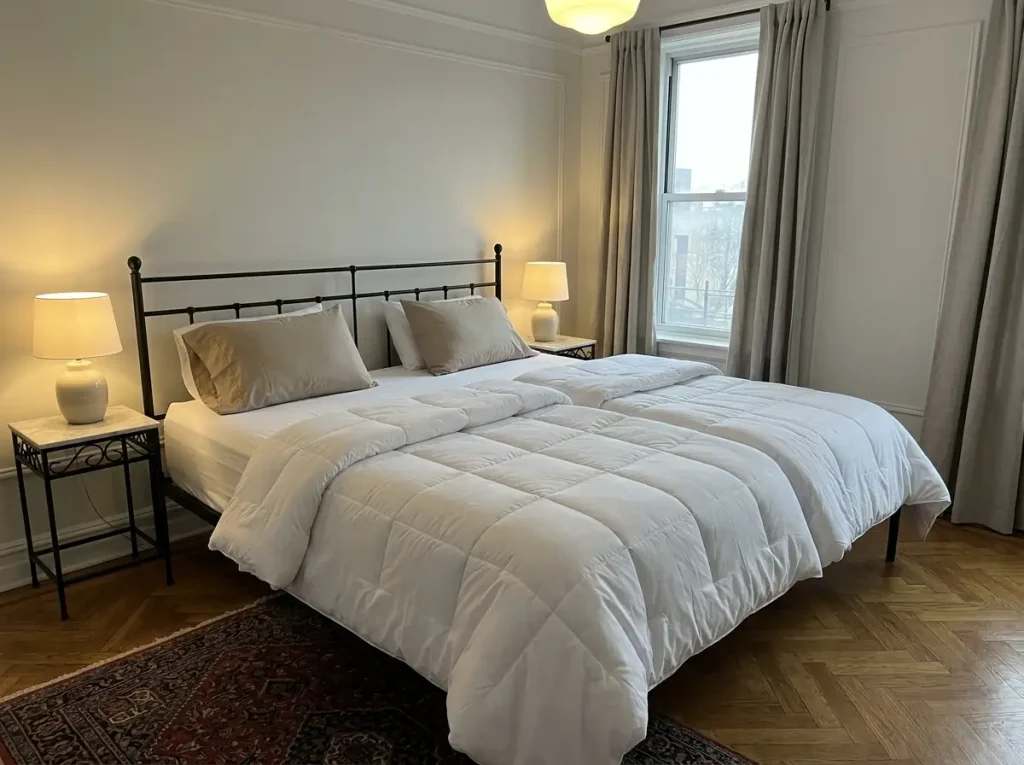 Two twin duvets of different thicknesses side by side on one bed, overlapping slightly down the middle