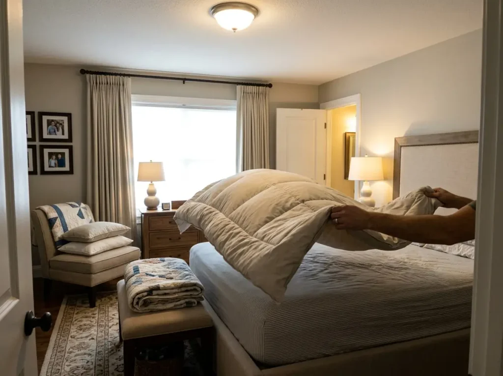 Hands shaking out a washed comforter over a stripped bed, one edge still bunched where the fill has settled