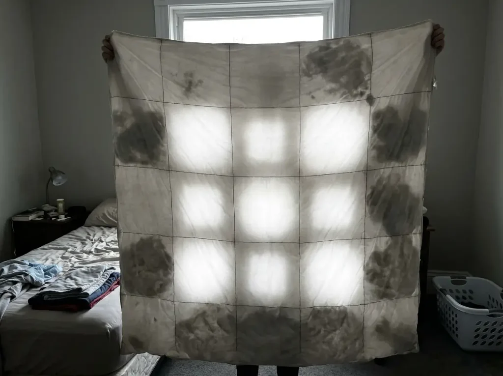 A washed comforter held up to a bright window, the light passing through thin patches in the middle
