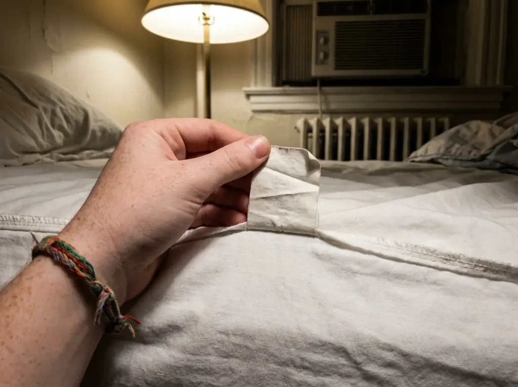 The sewn-in care tag of a fitted sheet turned out and held flat under a bedside lamp