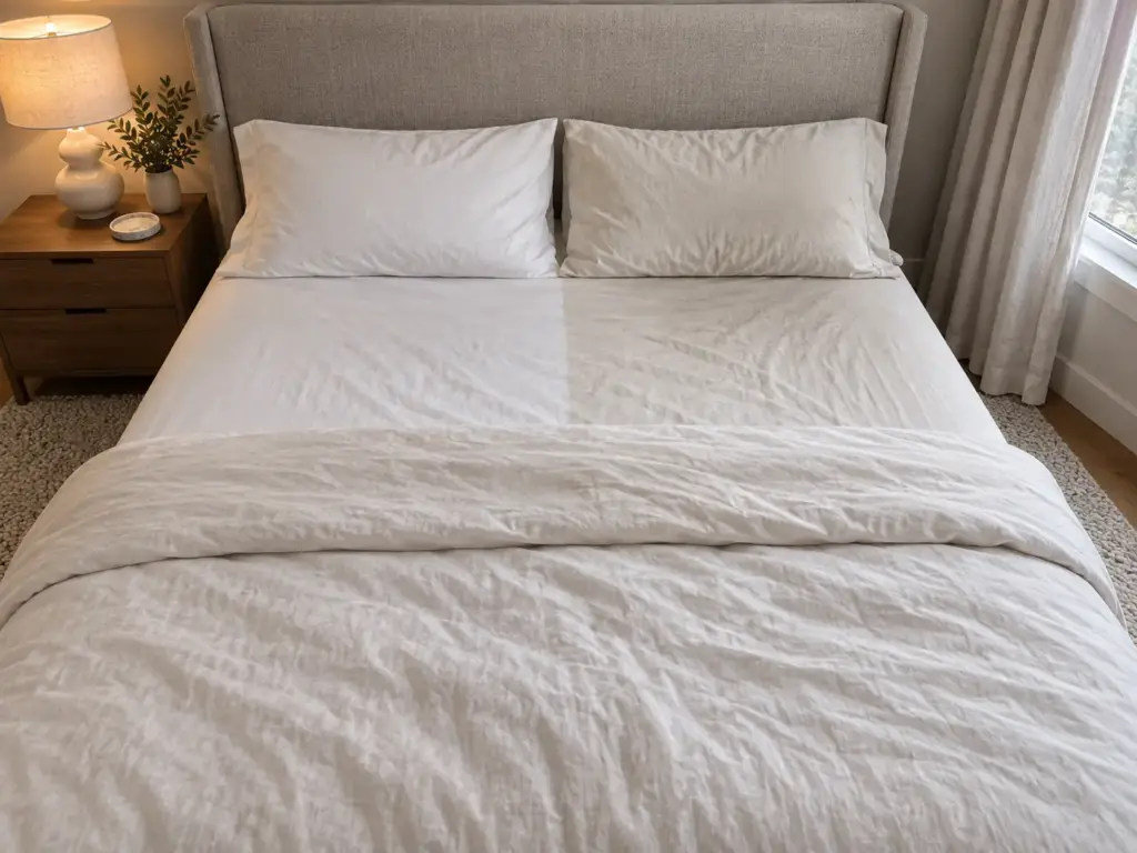 A shared bed with dingy white sheets where one side's pillowcase and sheet are noticeably grayer than the other
