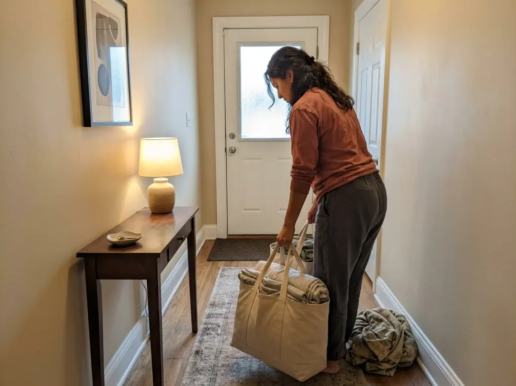 A woman lifting two packed cotton bags of bedding by an apartment front door, ready to take them out