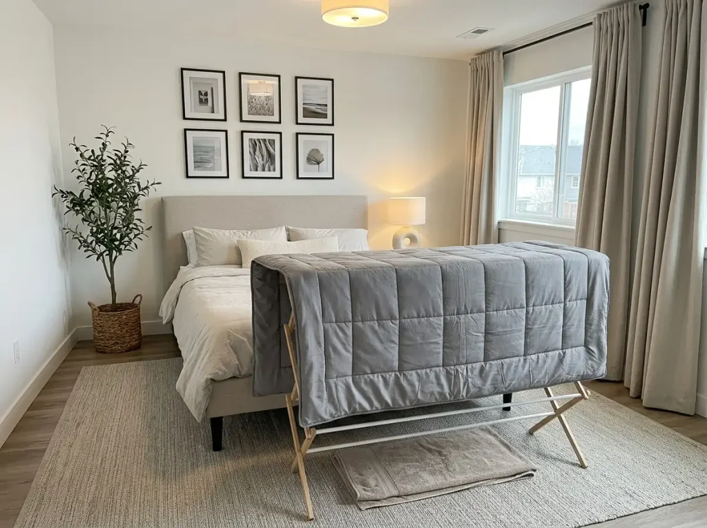 A down alternative blanket laid flat over a drying rack beside a bed after washing